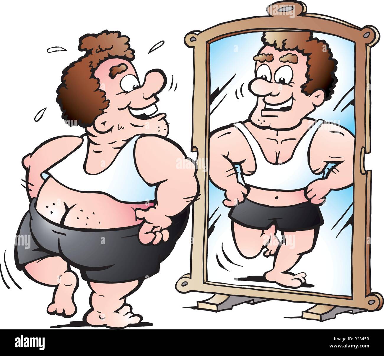 Cartoon Vector illustration of a fat Man as he thinks he looks Stock Vector