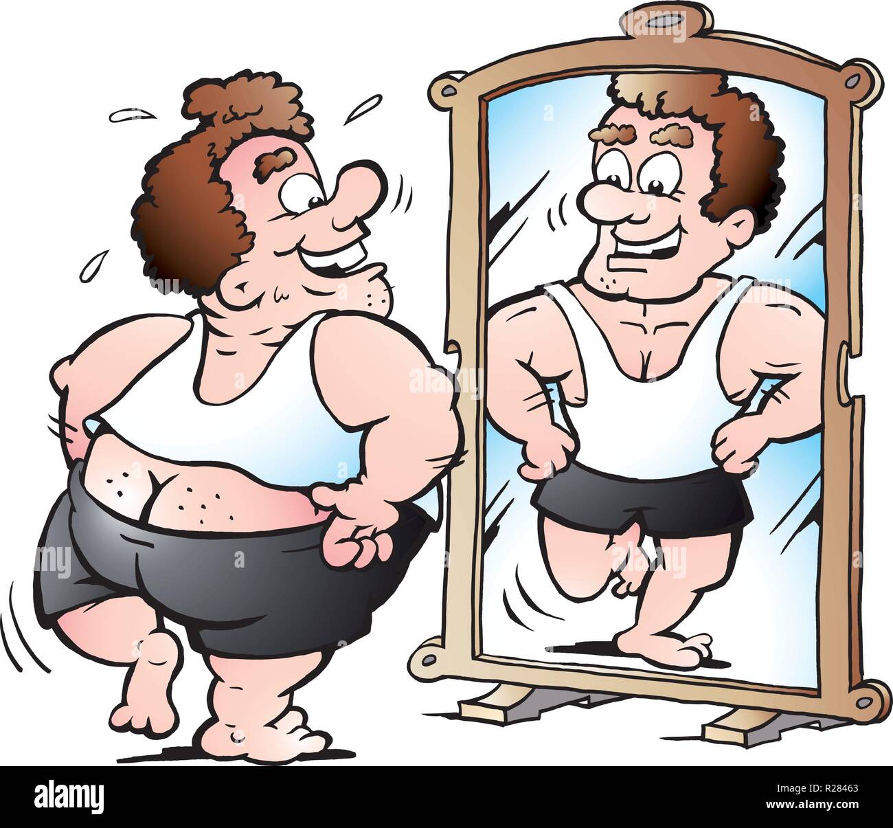 Cartoon Vector illustration of a fat Man as he thinks he looks Stock Vector