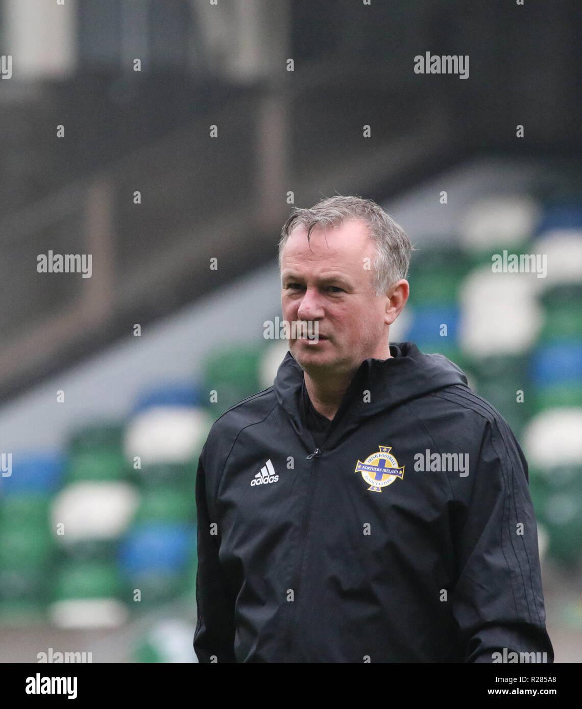 Windsor Park, Belfast, Northern Ireland.17 November 2018. Northern Ireland training in Belfast this morning ahead of their UEFA Nations League game against Austria tomorrow night in the stadium. Northern ireland manager Michael O'Neill at training. Credit: David Hunter/Alamy Live News. Stock Photo