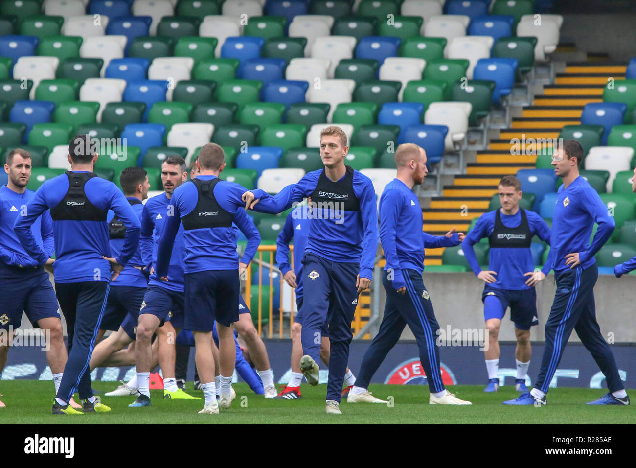 Windsor Park, Belfast, Northern Ireland.17 November 2018. Northern Ireland training in Belfast this morning ahead of their UEFA Nations League game against Austria tomorrow night in the stadium. George Saville (centre). Credit: David Hunter/Alamy Live News. Stock Photo