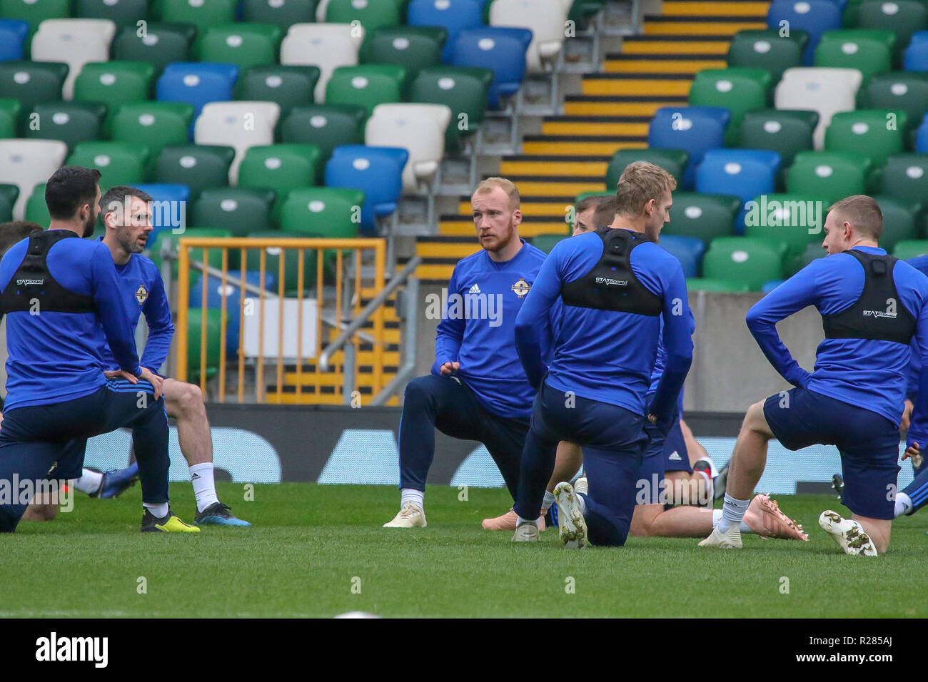 Windsor Park, Belfast, Northern Ireland.17 November 2018. Northern Ireland training in Belfast this morning ahead of their UEFA Nations League game against Austria tomorrow night in the stadium. A bruised Liam Boyce in training. Credit: David Hunter/Alamy Live News. Stock Photo