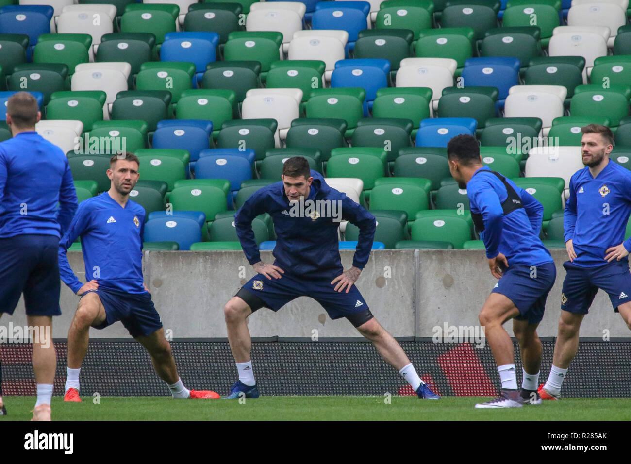 Windsor Park, Belfast, Northern Ireland.17 November 2018. Northern Ireland training in Belfast this morning ahead of their UEFA Nations League game against Austria tomorrow night in the stadium. Kyle Lafferty (centre). Credit: David Hunter/Alamy Live News. Stock Photo