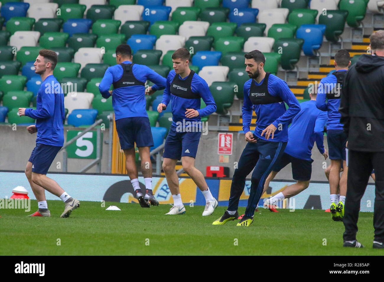Windsor Park, Belfast, Northern Ireland.17 November 2018. Northern Ireland training in Belfast this morning ahead of their UEFA Nations League game against Austria tomorrow night in the stadium.  Paddy McNair (l) and Conor McLaughlin. Credit: David Hunter/Alamy Live News. Stock Photo
