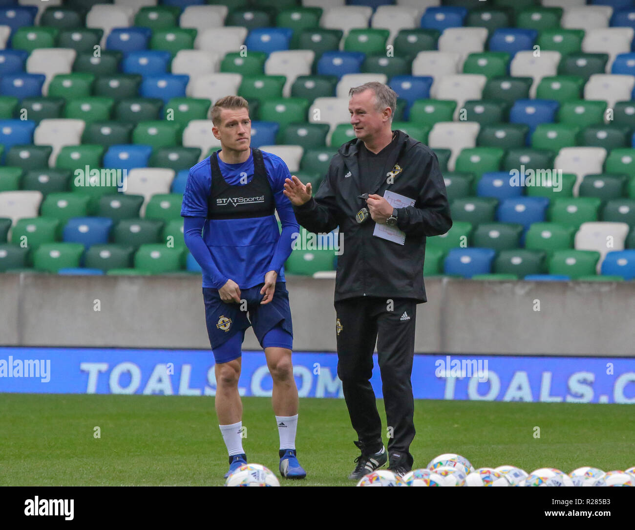 Windsor Park, Belfast, Northern Ireland.17 November 2018. Northern Ireland training in Belfast this morning ahead of their UEFA Nations League game against Austria tomorrow night in the stadium. Captain Steven Davis (left) and manager Michael O'Neill at training. Credit: David Hunter/Alamy Live News. Stock Photo