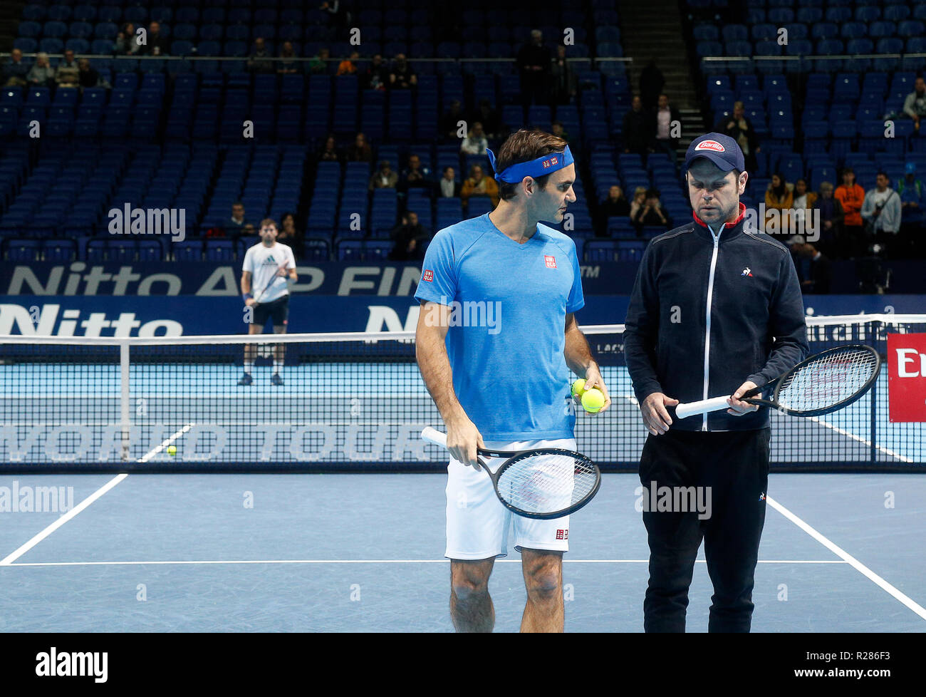 17th November 2018, O2 Arena, London, England; Nitto ATP Tennis Finals;  Roger Federer (SUI) practices ahead