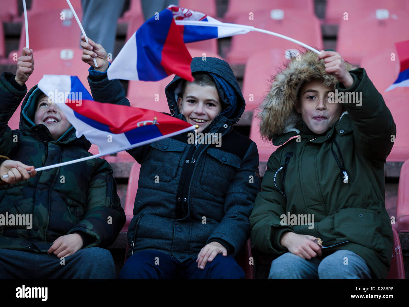 Rajko Mitic Stadium, Belgrade, Serbia. 17th November 2018. UEFA Nations League football, Serbia versus Montenegro; Young fans of Serbia support their team Credit: Action Plus Sports/Alamy Live News Stock Photo