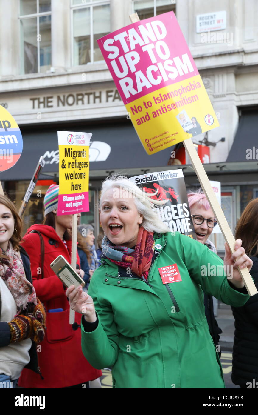 London, UK. 17th November 2018. Protesters for Stand up to Racism and Unite against Facism, gathered on Portland Place to start marching down to Trafalgar Square in central London, UK Credit: Monica Wells/Alamy Live News Stock Photo