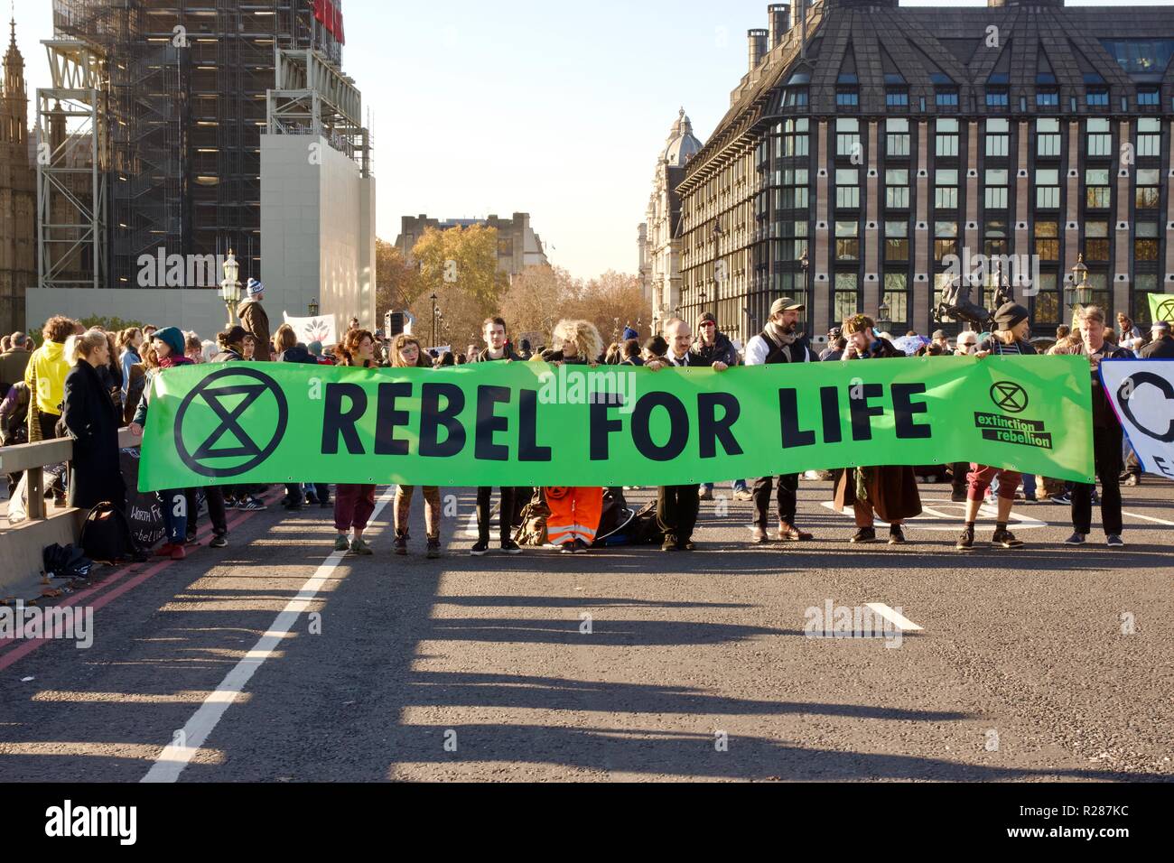 London, UK. 17th November 2018. Extinction Rebellion occupy Westminster Bridge in protest over climate change. Credit: Dimple Patel/Alamy Live News Stock Photo