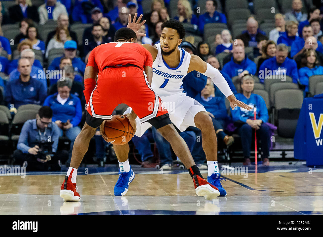 Omaha, Nebraska, USA. 15th November 2018. Creighton Bluejays guard Ty-Shon  Alexander #5 in action during an NCAA men's basketball game between Ohio  State Buckeyes and Creighton Bluejays at the CHI Health Center