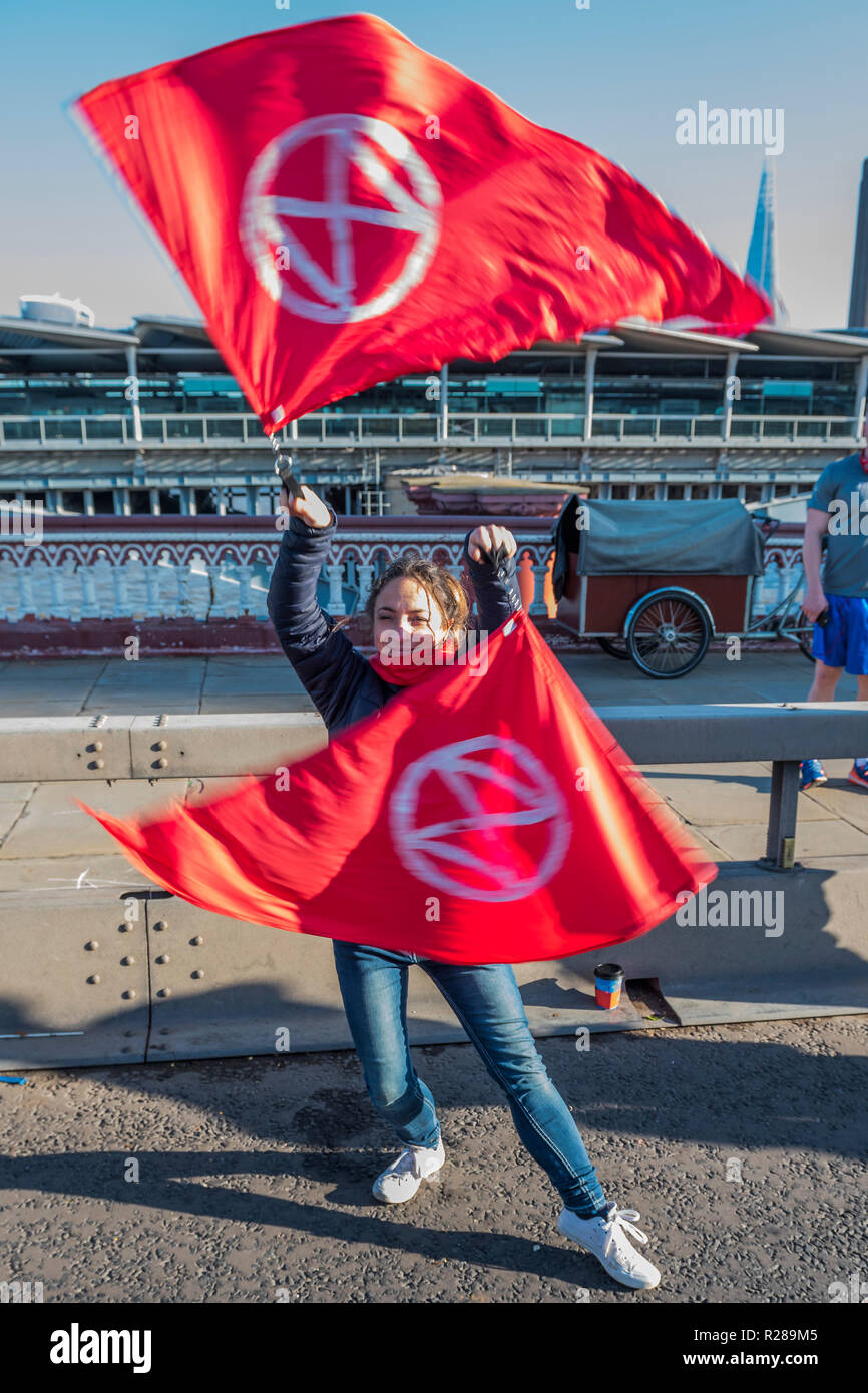 London, UK. 17th November 2018. Blackfriars Bridge is blocked - Extinction Rebellion Day -  co hosted by Rising Up, 'Rebel Against the British Government For Criminal Inaction in the Face of Climate Change Catastrophe and Ecological Collapse'. A protest that involves blocking 5 bridges: Southwark, Blackfriars, Waterloo, Westminster and Lambeth. Credit: Guy Bell/Alamy Live News Stock Photo