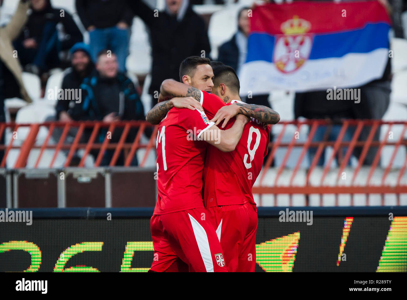 Belgrade, Serbia. 17th November 2018. Aleksandar Mitrovic of Serbia celebrates scoring his goal for 2-0 at 32nd minute Credit: Nikola Krstic/Alamy Live News Stock Photo