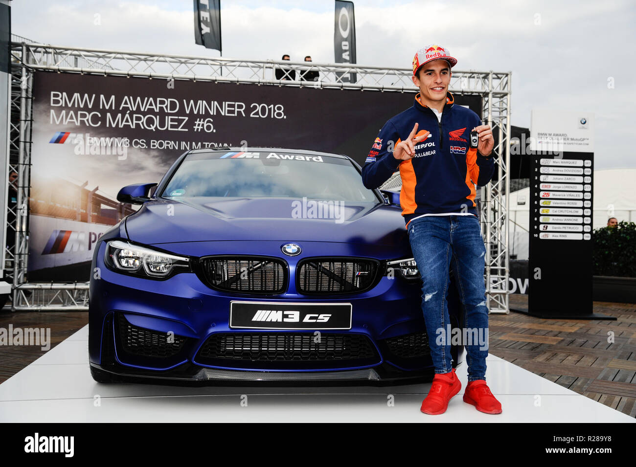 Circuit de Valencia, Valencia, Spain. 17th November 2018. MotoGP of  Valencia, qualification; BMW Awards 2018 Marc Marquez takes home the new  BMW M CS for fastest qualifying driver over the course of