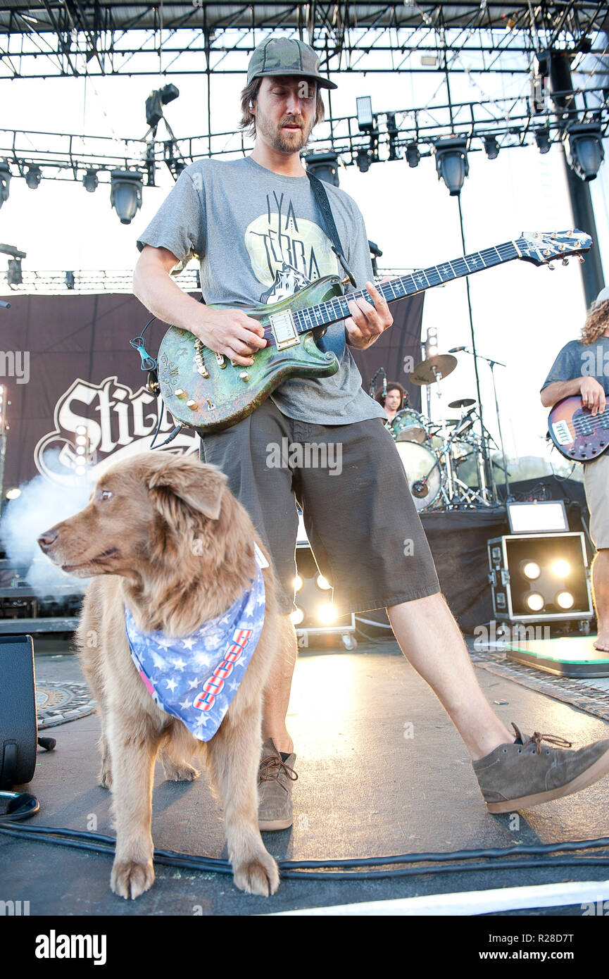 July 11, 2018 - Raleigh, North Carolina; USA - Musician SCOTT WOODRUFF and  Cocoa The Tour Dog of the band STICK FIGURE performs live as their 2018 tour  makes a stop at