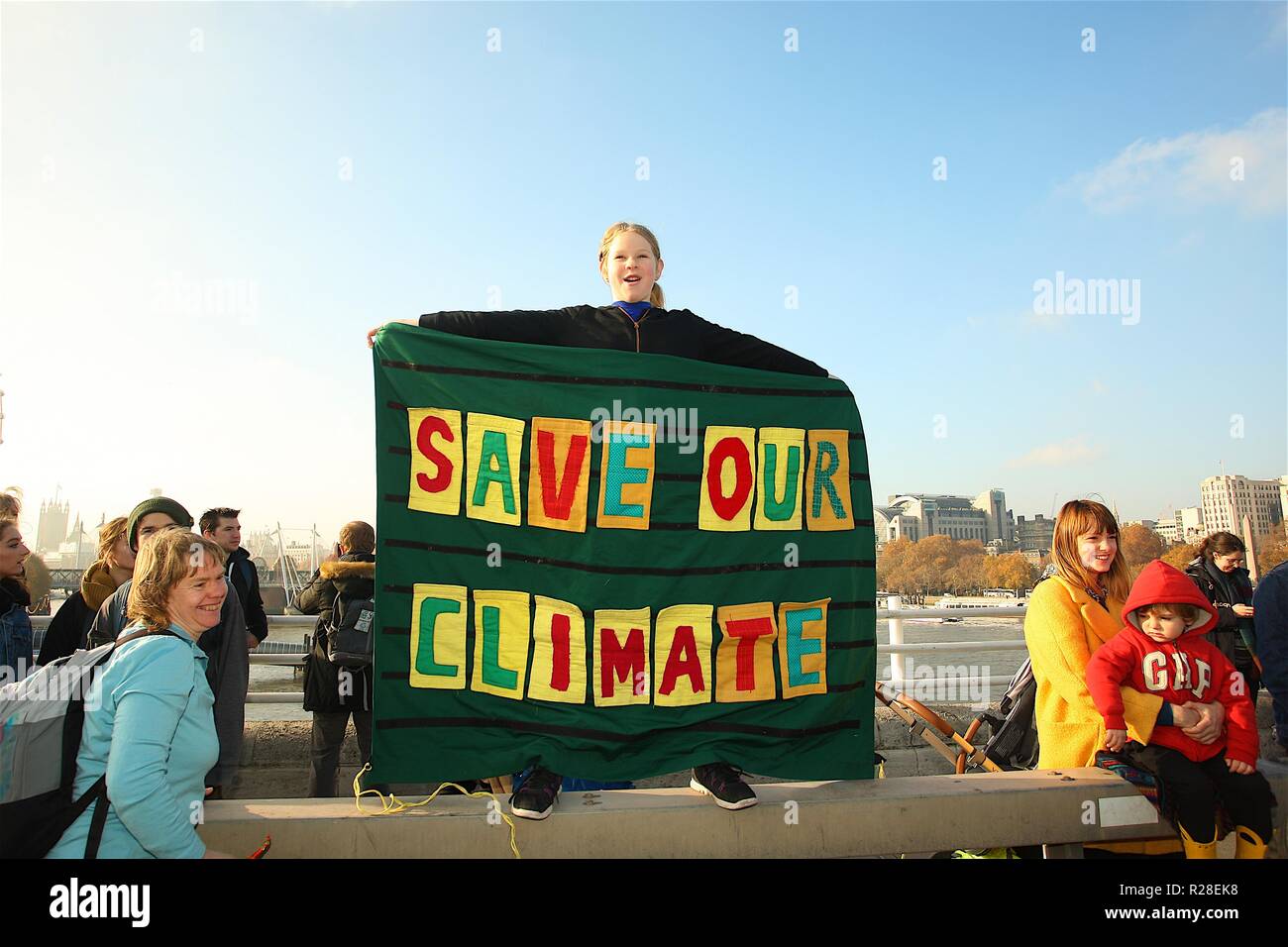 The Extinction Rebellion Campaign stops traffic on major bridges in London to raise awareness of their campaign to pressurise the Government to take action on Climate Change before it's too late. Stock Photo