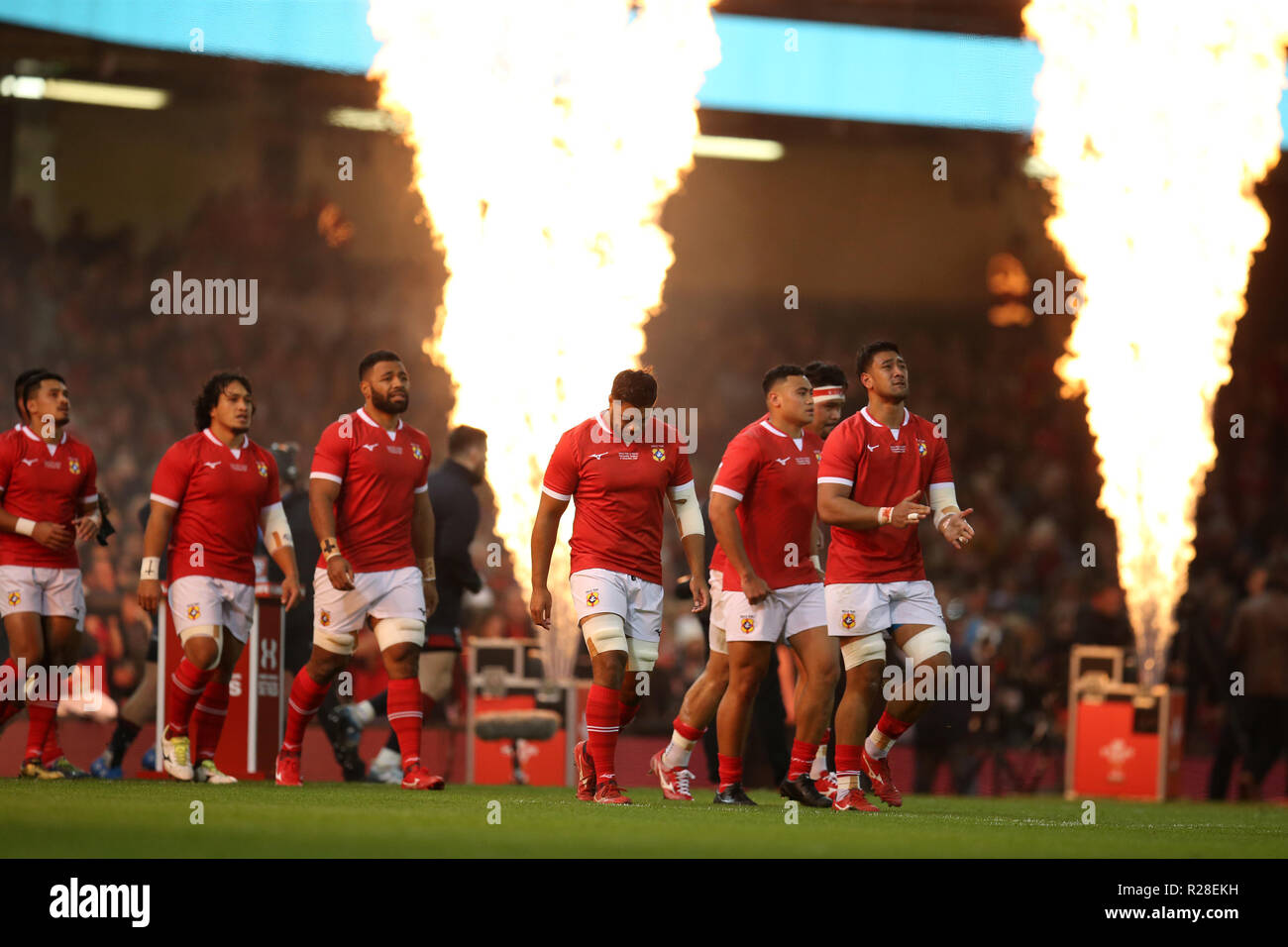 Cardiff, Wales, UK. 17th Nov, 2018. Tonga rugby players walk out onto the  pitch ahead of k/o.Wales v Tonga , Under Armour series Autumn international  rugby match at the Principality Stadium in