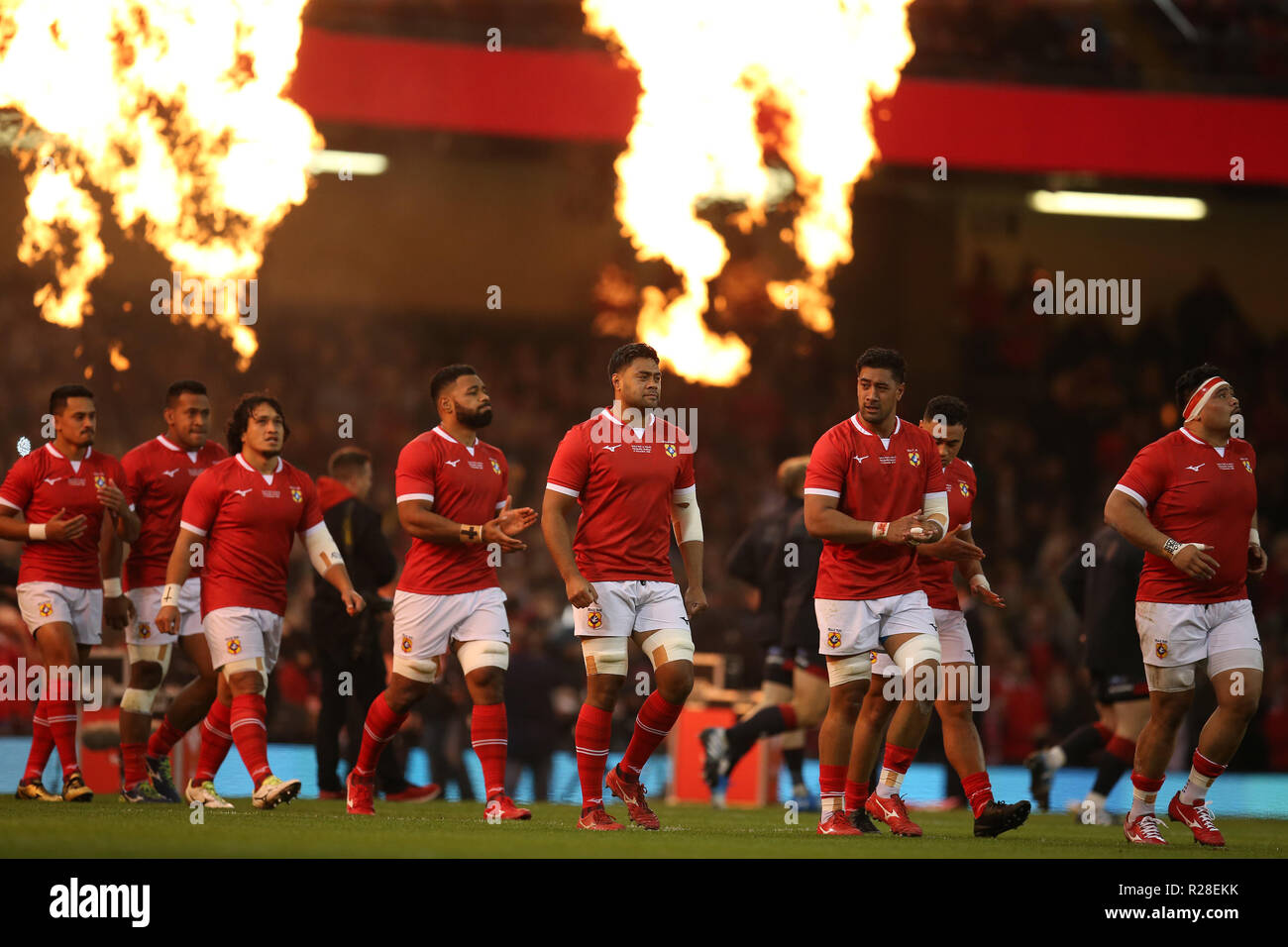 Cardiff, Wales, UK. 17th Nov, 2018. Tonga rugby players walk out onto the  pitch ahead of k/o.Wales v Tonga , Under Armour series Autumn international  rugby match at the Principality Stadium in
