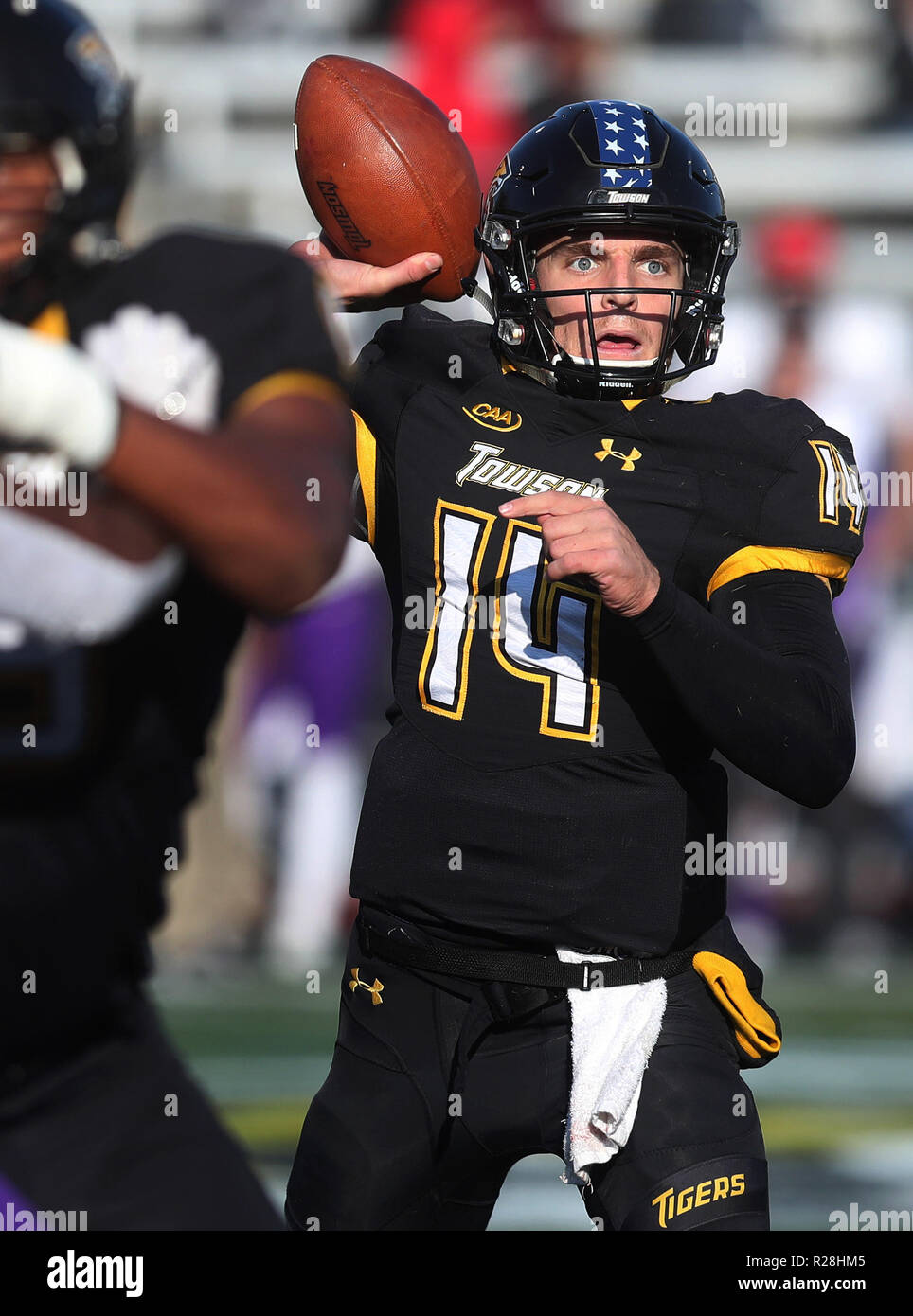 Towson QB Tom Flacco (14) looks to pass against James Madison in Colonial Athletic Association football action at Unitas Stadium in Towson, MD on November 17, 2018. The James Madison Dukes defeated the Towson Tigers 38-17. Photo/ Mike Buscher/ Cal Sport Media Stock Photo