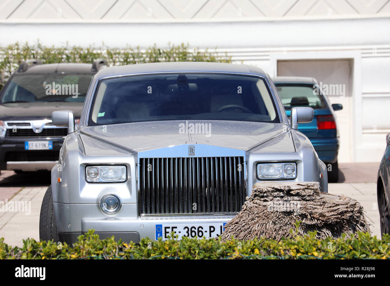 Menton, France - April 5, 2018: Luxury Rolls-Royce Phantom (Front View) Parked In The Street of Menton, French Riviera, Europe Stock Photo