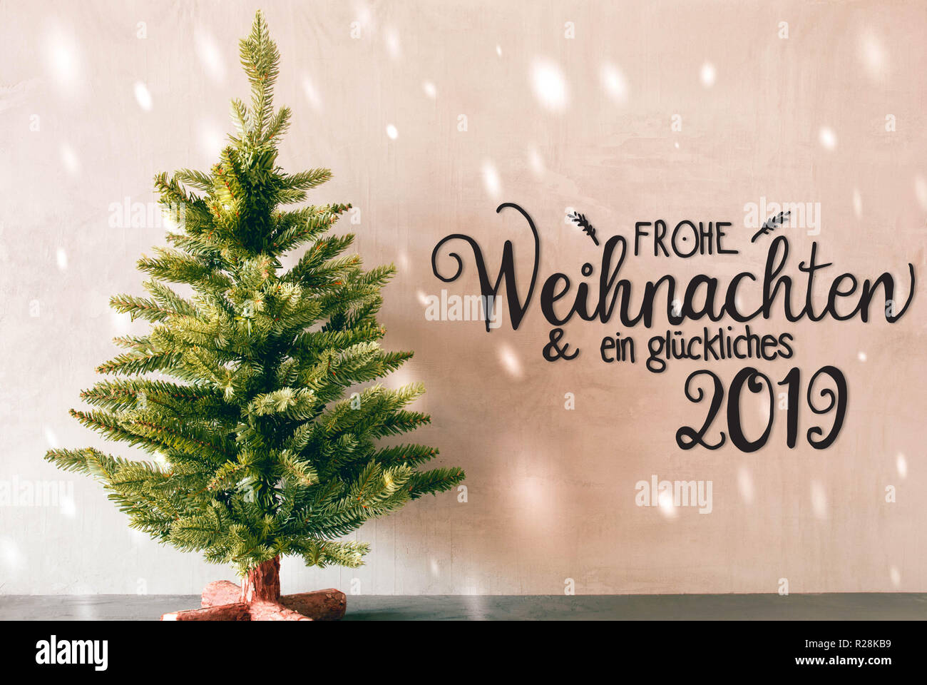 Green Tree, Snowflakes, Calligraphy Glueckliches 2019 Means Happy 2019