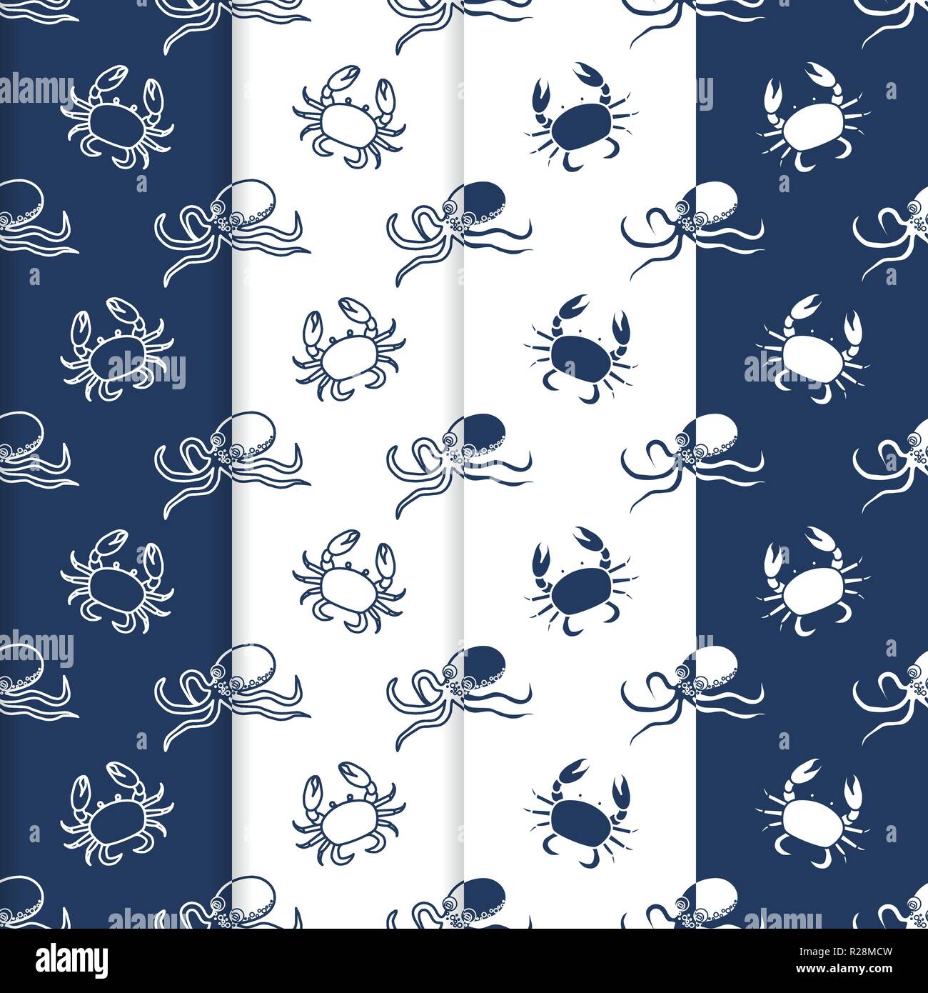 Set of 4 vector seamless pattern with octopuses and crabs. Sea ...