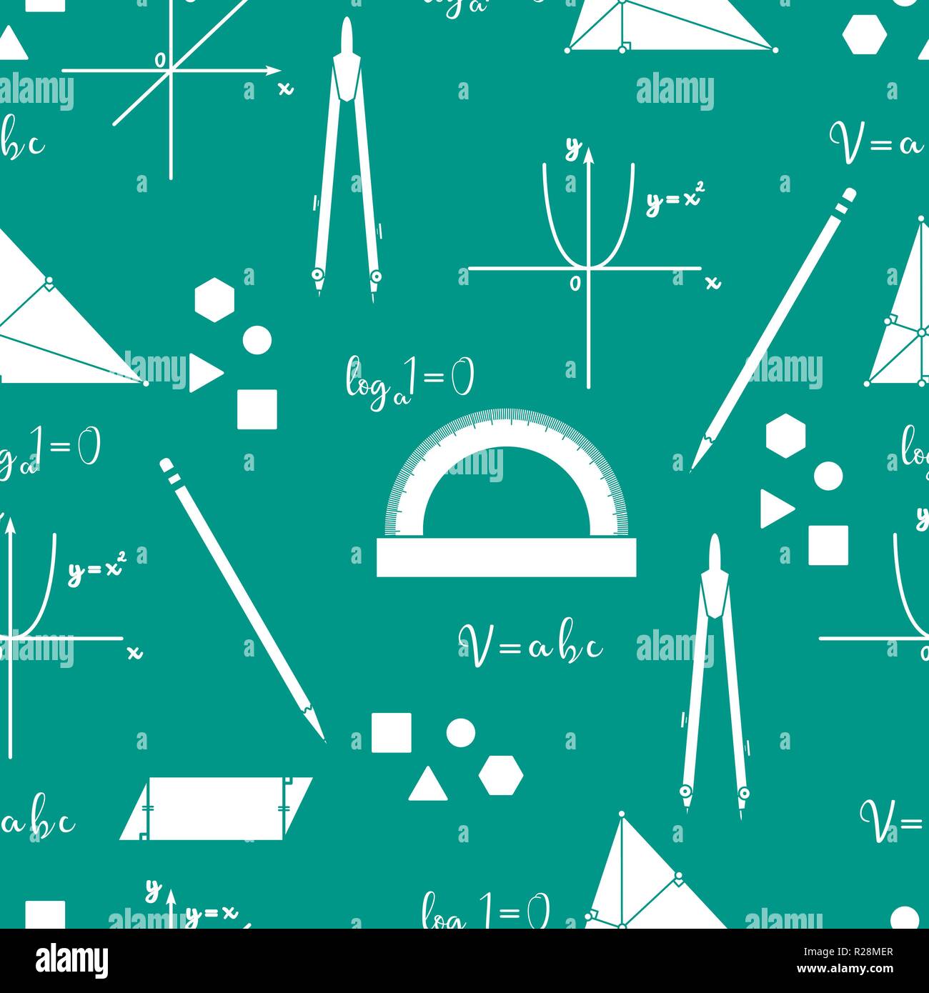 Mathematical scientific vector seamless pattern with geometry plots, tools and formulas. Education elements. Compasses, protractor, pencil, graphics, Stock Vector