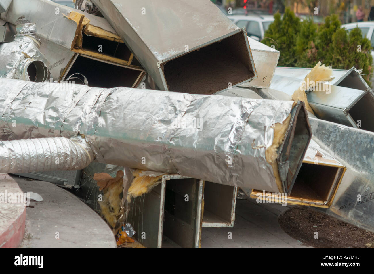 ventilation ducts. many of the same bent metal components the air duct, texture Stock Photo