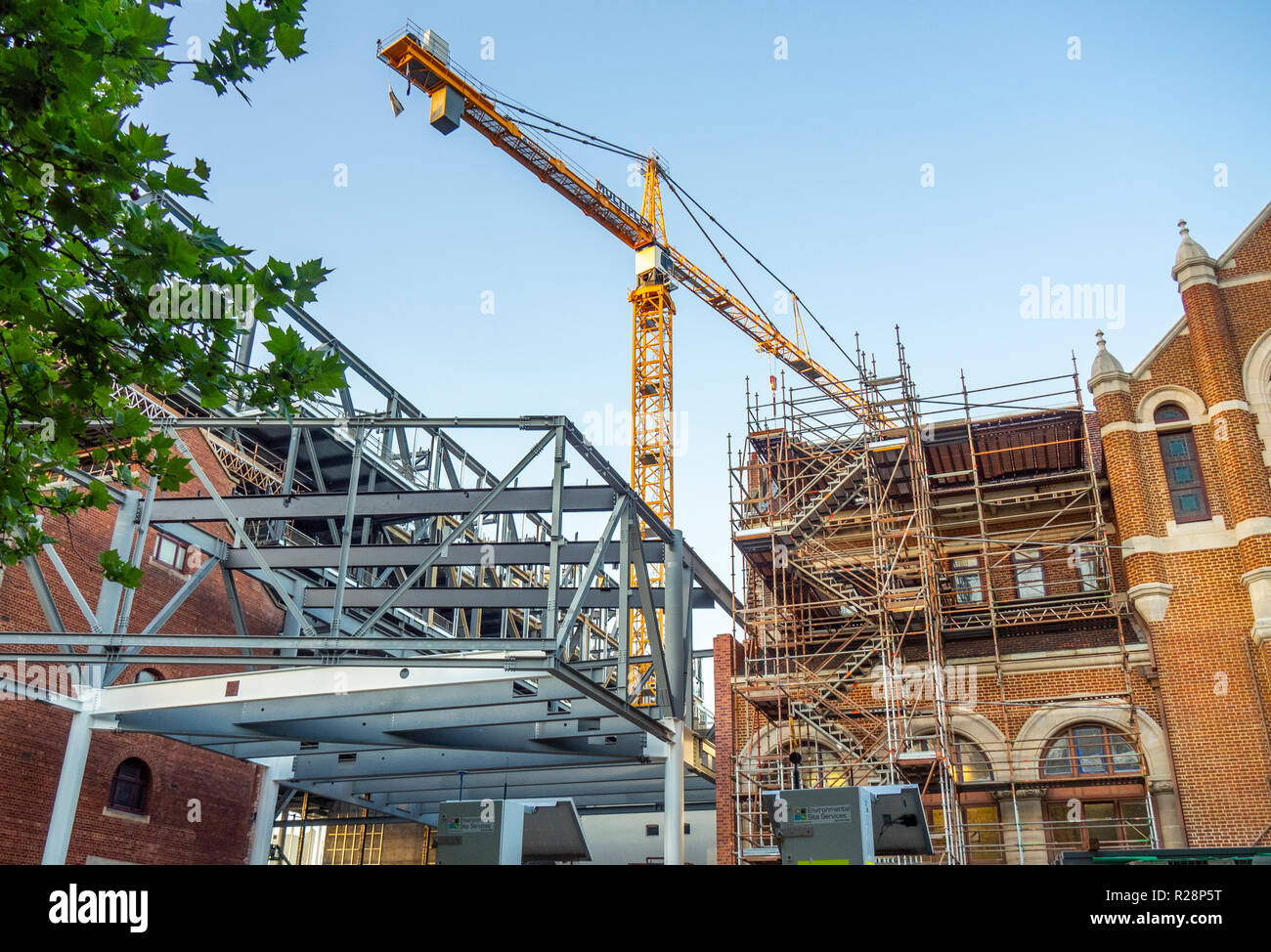 Steel girders and crane at construction site of new Western Australian Museum Perth WA Australia. Stock Photo