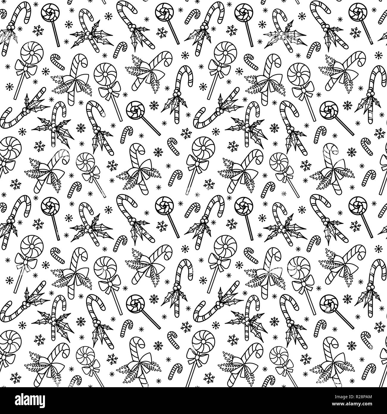 Christmas seamless pattern with candy canes and lollipops. Hand drawn doodle style. Black and white vector illustration. Isolated on white background. Perfect for wrapping paper and coloring pages Stock Vector