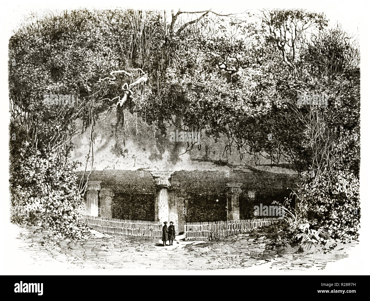 Old view of Elephanta caves entrance, India. By Therond, publ. on le Tour du Monde, Paris, 1863 Stock Photo