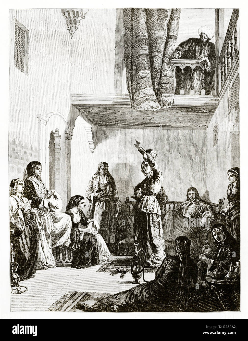 Old illustration depicting recital in Turkish harem. By Mettais after Bida, publ. on le Tour du Monde, Paris, 1863 Stock Photo