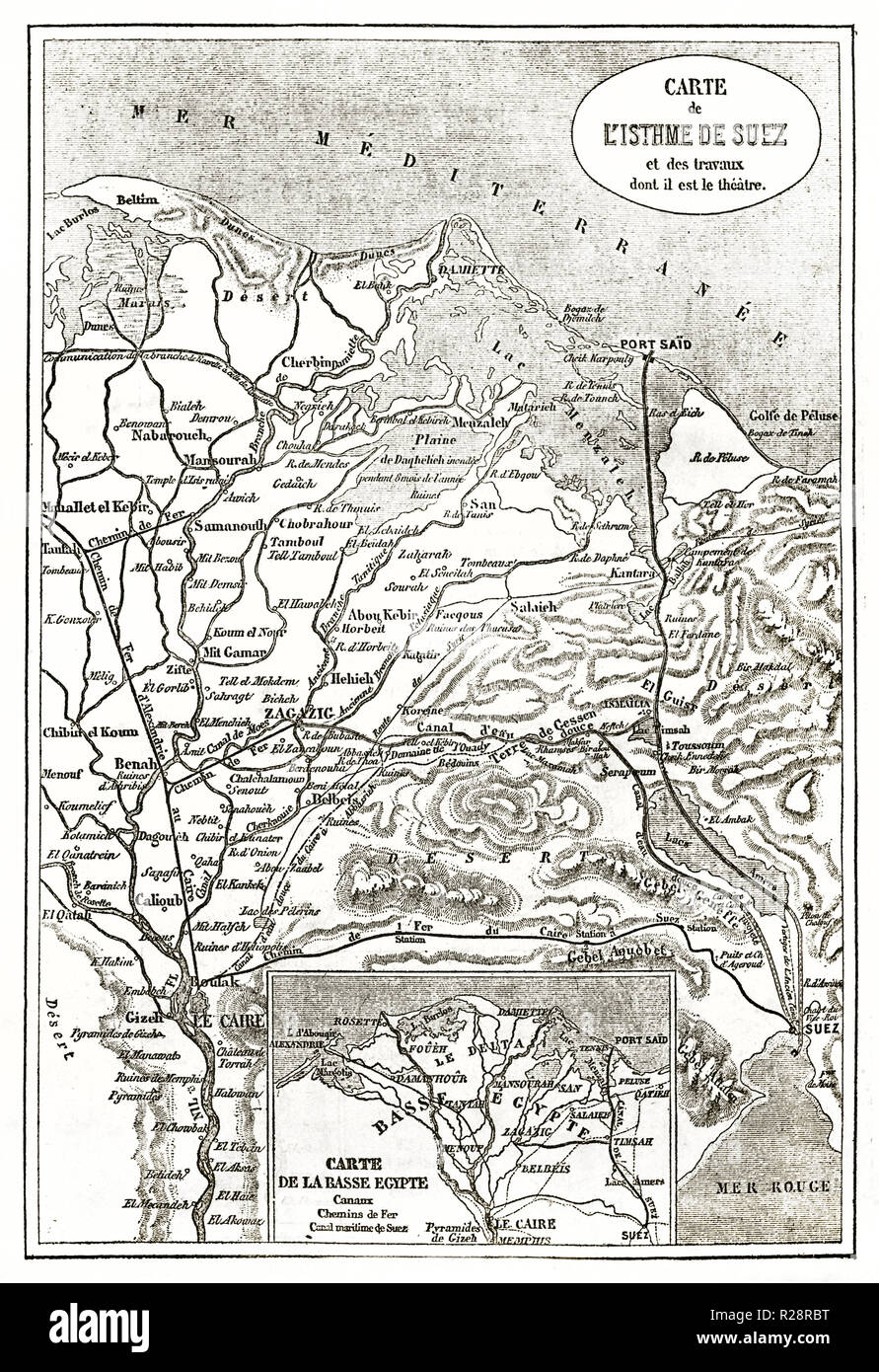 Isthmus of Suez and Nile delta old map. By Erhhard and Bonaparte,  publ. on le Tour du Monde, Paris, 1863 Stock Photo