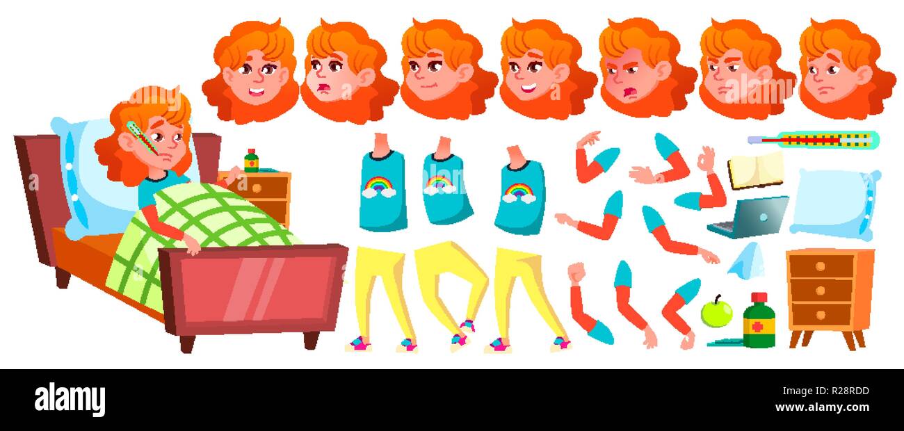 Sick Girl Schoolgirl Vector. School Child. Animation Creation Set. Face