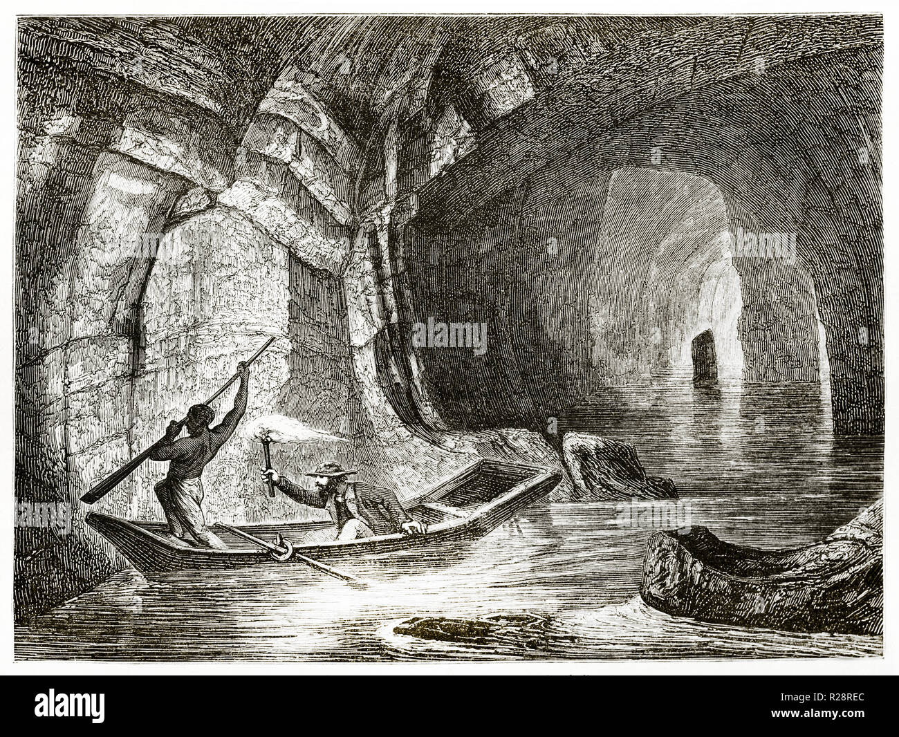Old view of Styx river in Mammoth Cave, Kentucky. By Gambard after Deville, publ. on le Tour du Monde, Paris, 1863 Stock Photo