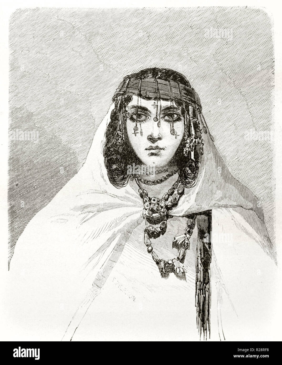 Old engraved portrait of a woman in Metlili, Algeria. By Couverchel ...