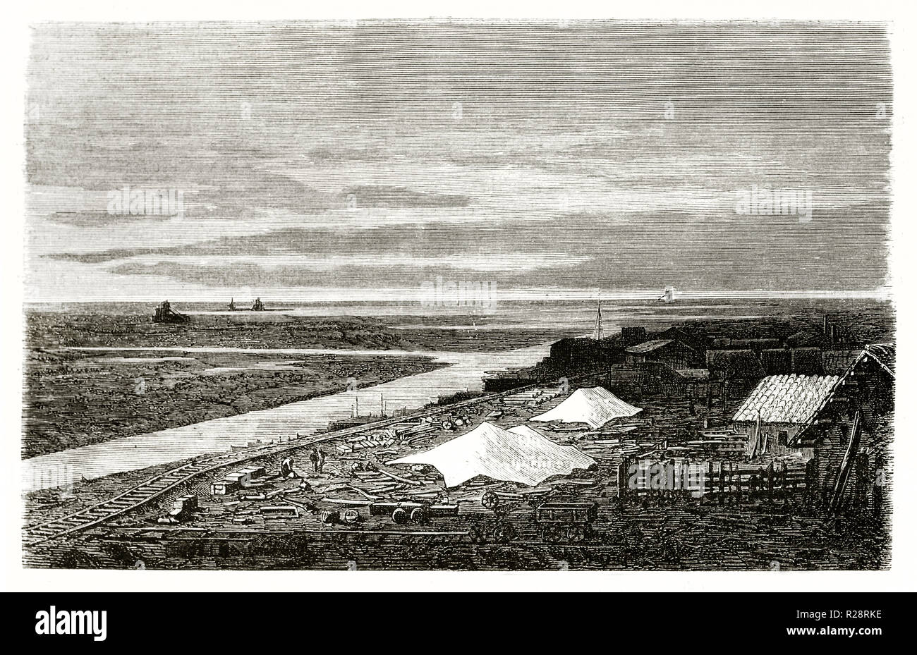 Old view of  Port-Said: Suez canal construction site near lake Manzala, Egypt. By Grenet, publ. on le Tour du Monde, Paris, 1863 Stock Photo