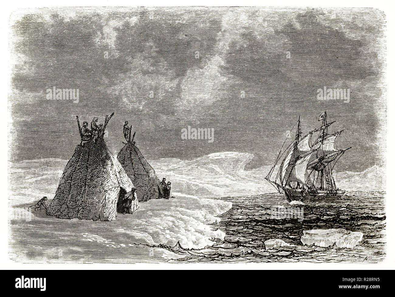 Old view of Samoyedic encampment in Vaigatz isle, Russia. By Foulquier, publ. on le Tour du Monde, Paris, 1863 Stock Photo