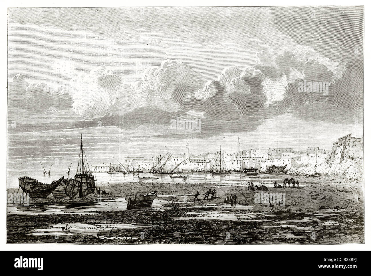 Old view of Suez, Egypt. By Grenet, publ. on le Tour du Monde, Paris, 1863 Stock Photo