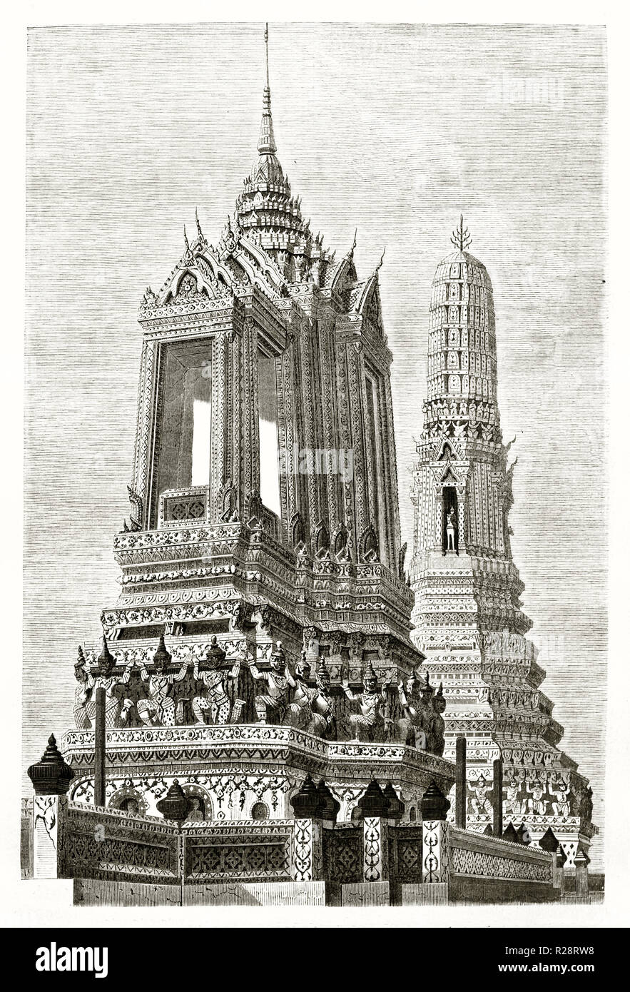 Old view of Wat Arun, Buddhist temple in Bangkok, Thailand. By Bocourt, publ. on le Tour du Monde, Paris, 1863 Stock Photo