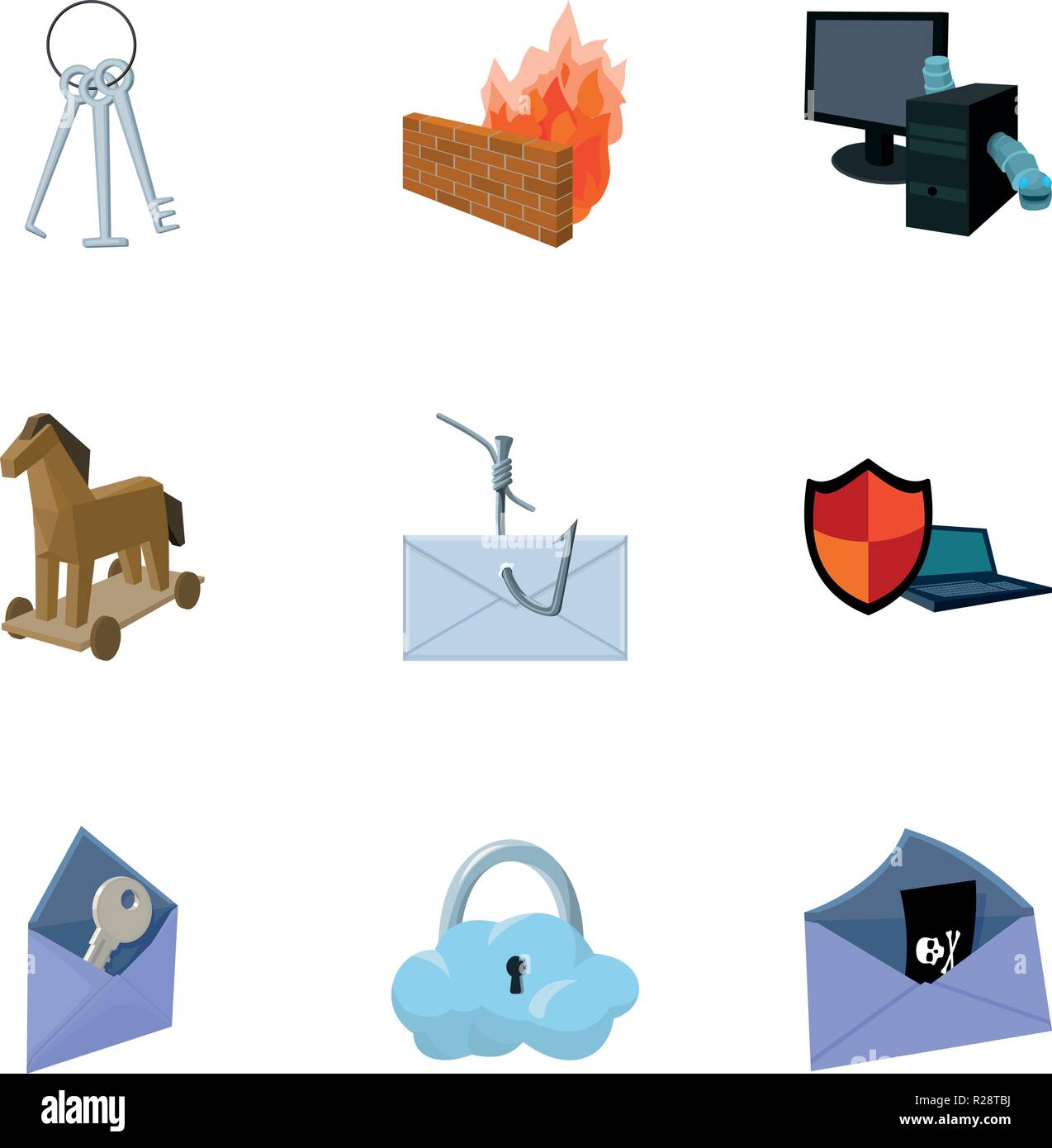 A selection of icons about protection and breaking. Modern technology of protection against breaking. Hackers and hacking icon in set collection on ca Stock Vector
