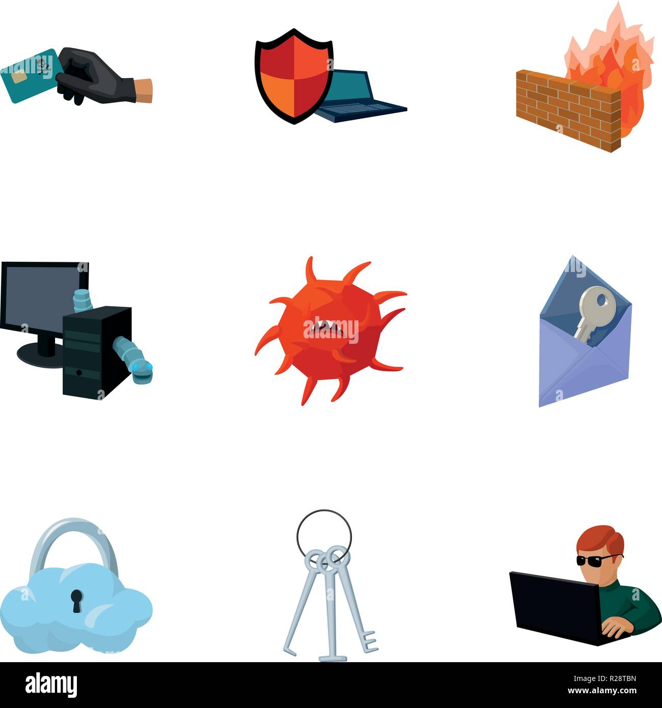 A selection of icons about protection and breaking. Modern technology of protection against breaking. Hackers and hacking icon in set collection on ca Stock Vector