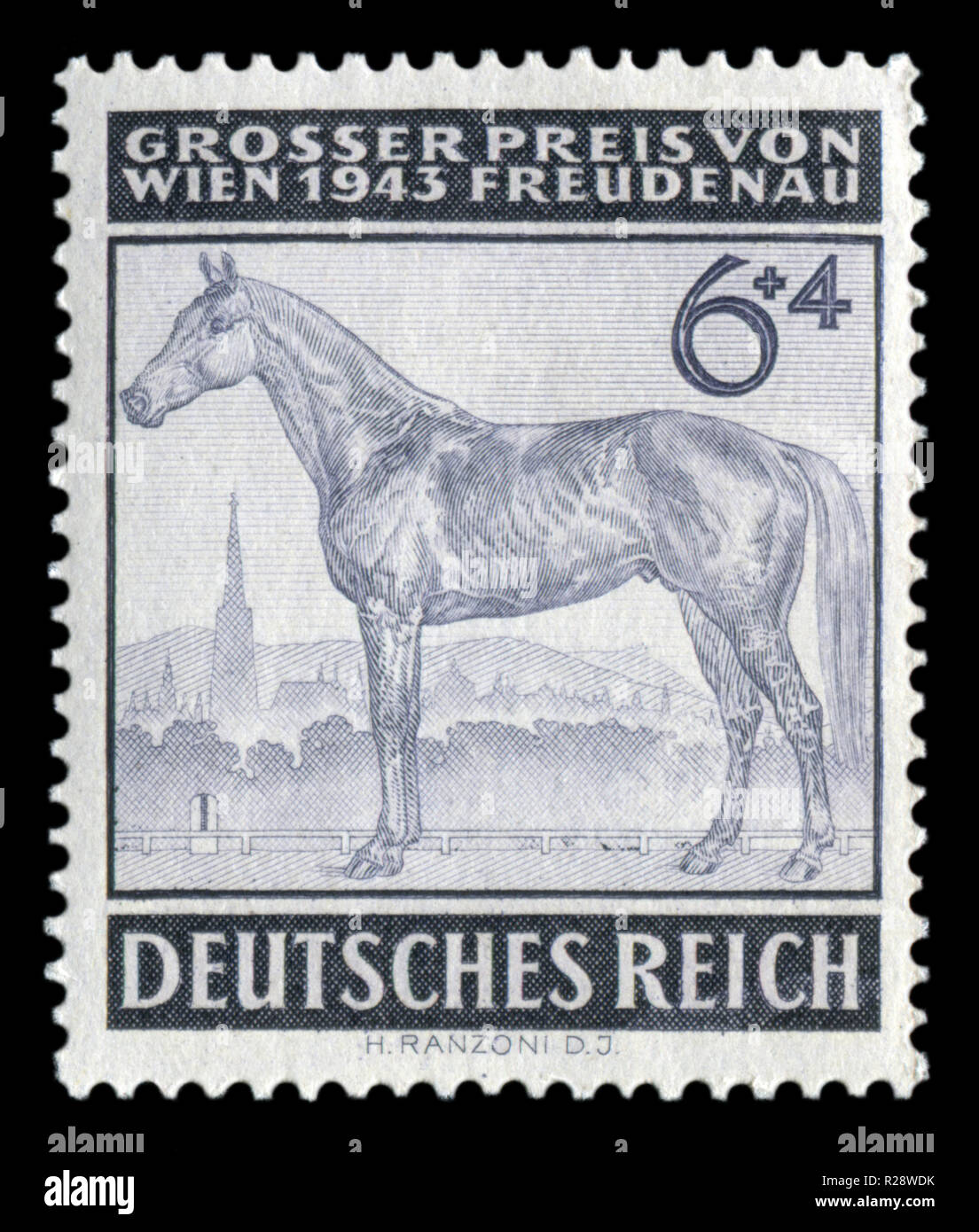 German historical stamp: Sled horse 6+4 pf. Grand Prix Vienna 1943. Isolated on black background,  Germany-Austria, the Third Reich Stock Photo