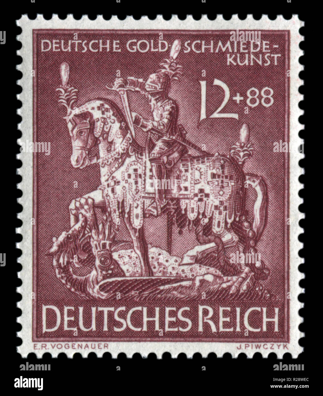 German historical stamp: Jewelry figure of St. George, the victorious dragon. 11th anniversary of the German national society of Jewelers, 1943 Stock Photo