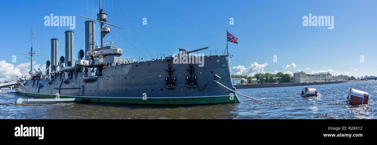 The Soviet revolution-era battleship Aurora, anchored at Saint Petersburg, Russia. Stock Photo