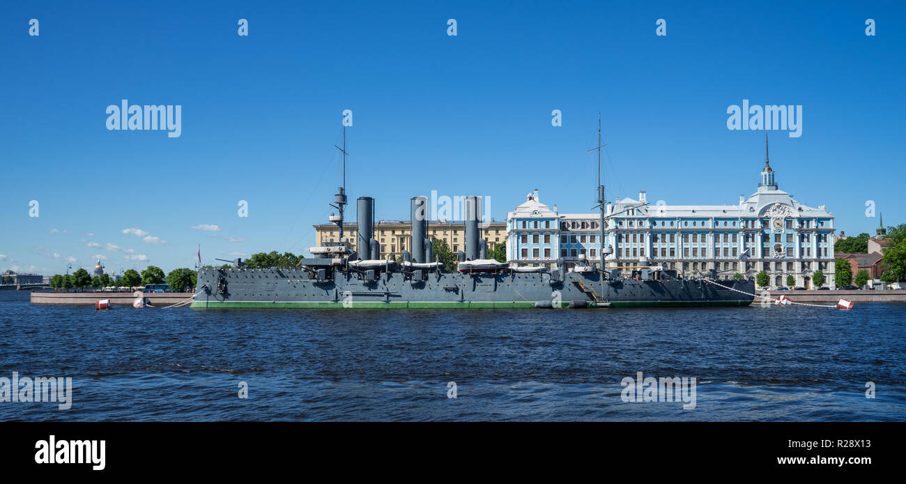 The Soviet revolution-era battleship Aurora, anchored at Saint Petersburg, Russia. Stock Photo