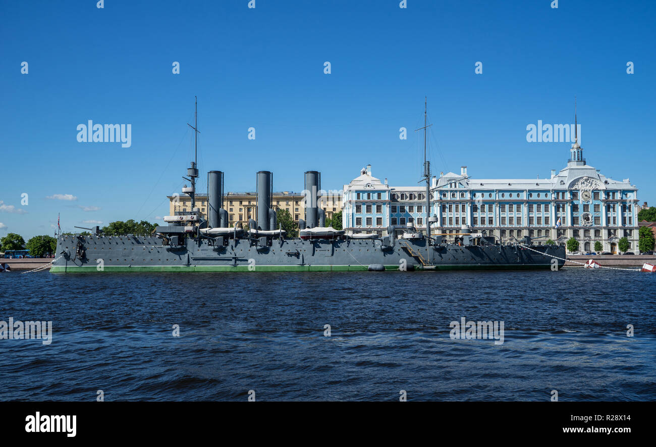 The Soviet revolution-era battleship Aurora, anchored at Saint Petersburg, Russia. Stock Photo