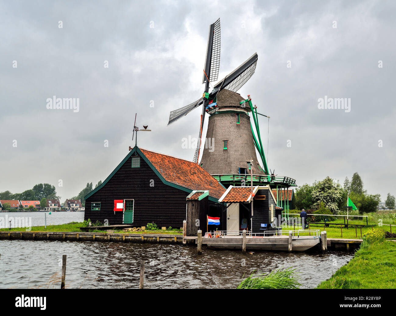 Zaanse Schans, Holland. Traditional Dutch windmills in operation. Stock Photo