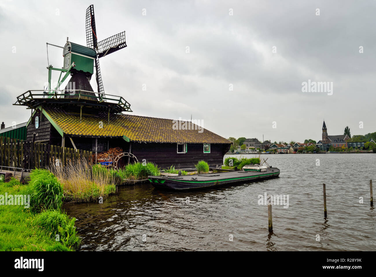 Zaanse Schans, Holland. Traditional Dutch windmills in operation. Stock Photo