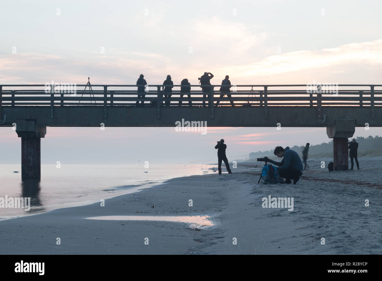 Prerow, Germany - October 10, 2018: View of photographers photographing the sunrise on the beach of Prerow at the Baltic Sea, Germany. Stock Photo