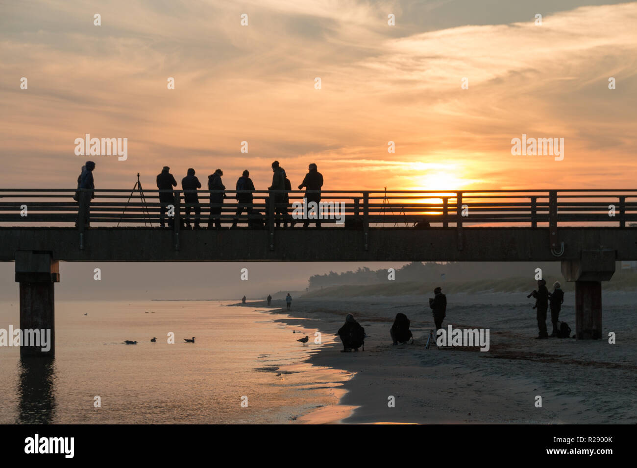 Prerow, Germany - October 10, 2018: View of photographers photographing the sunrise on the beach of Prerow at the Baltic Sea, Germany. Stock Photo