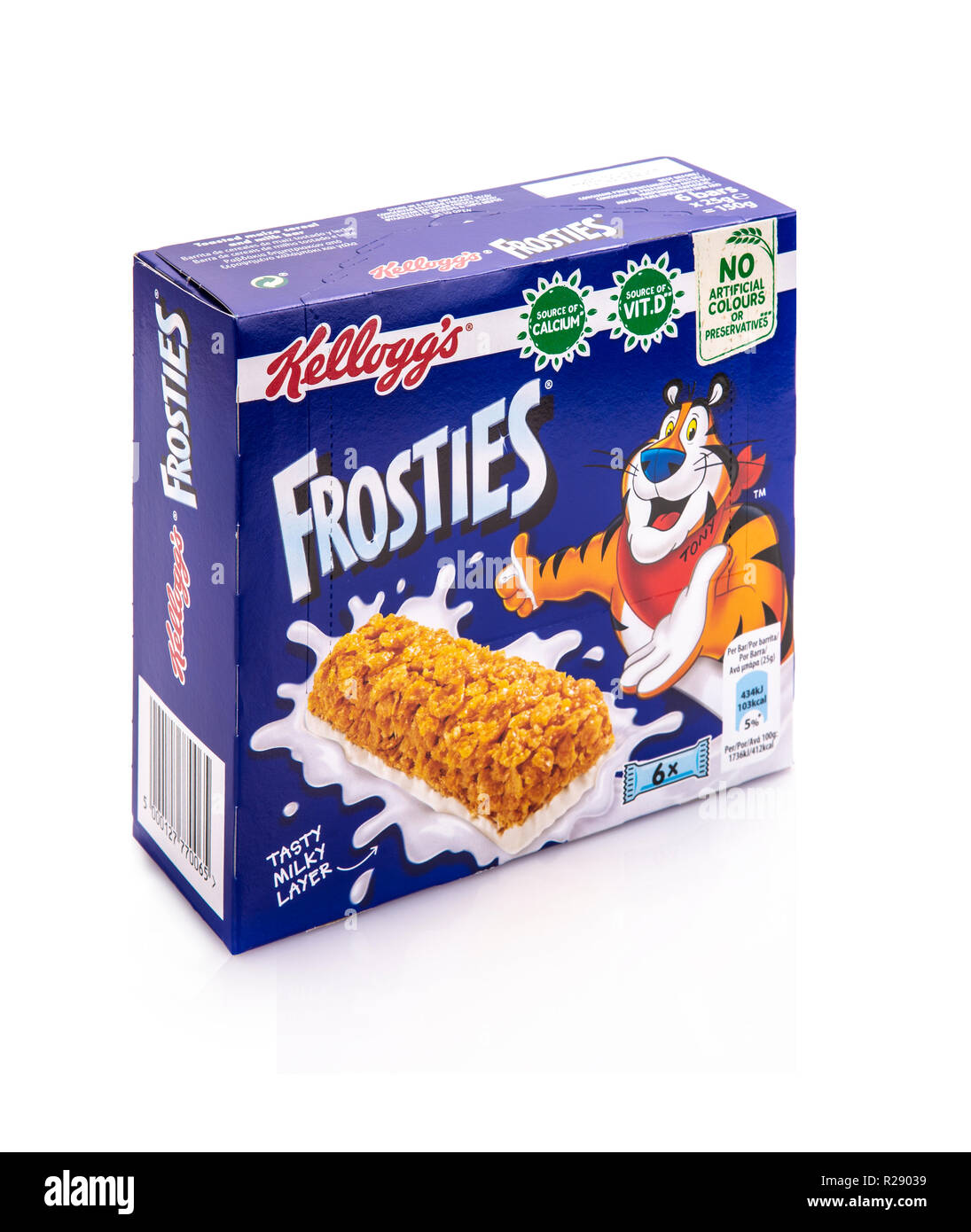 SWINDON, UK - NOVEMBER 18 2018: Box of Kelloggs Frosties cereal bars on  white background Stock Photo